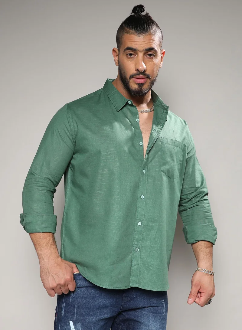 Instafab Plus Men's Fern Green Basic Button-Up Shirt For Casual Wear | Mandarin Collar | Long Sleeve | Button Closure | Shirt Crafted With Comfort With For Everyday Wear